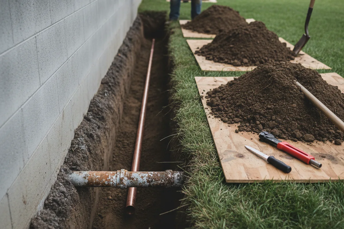 Excavated water line trench during Sewer Line Repair in Axton